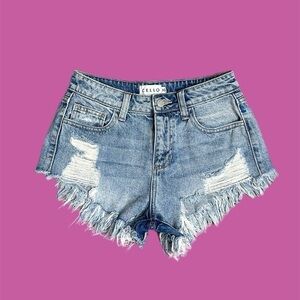CELLO Women’s Distressed Frayed Hem Sexy Denim Shorts Light Wash Sz XS